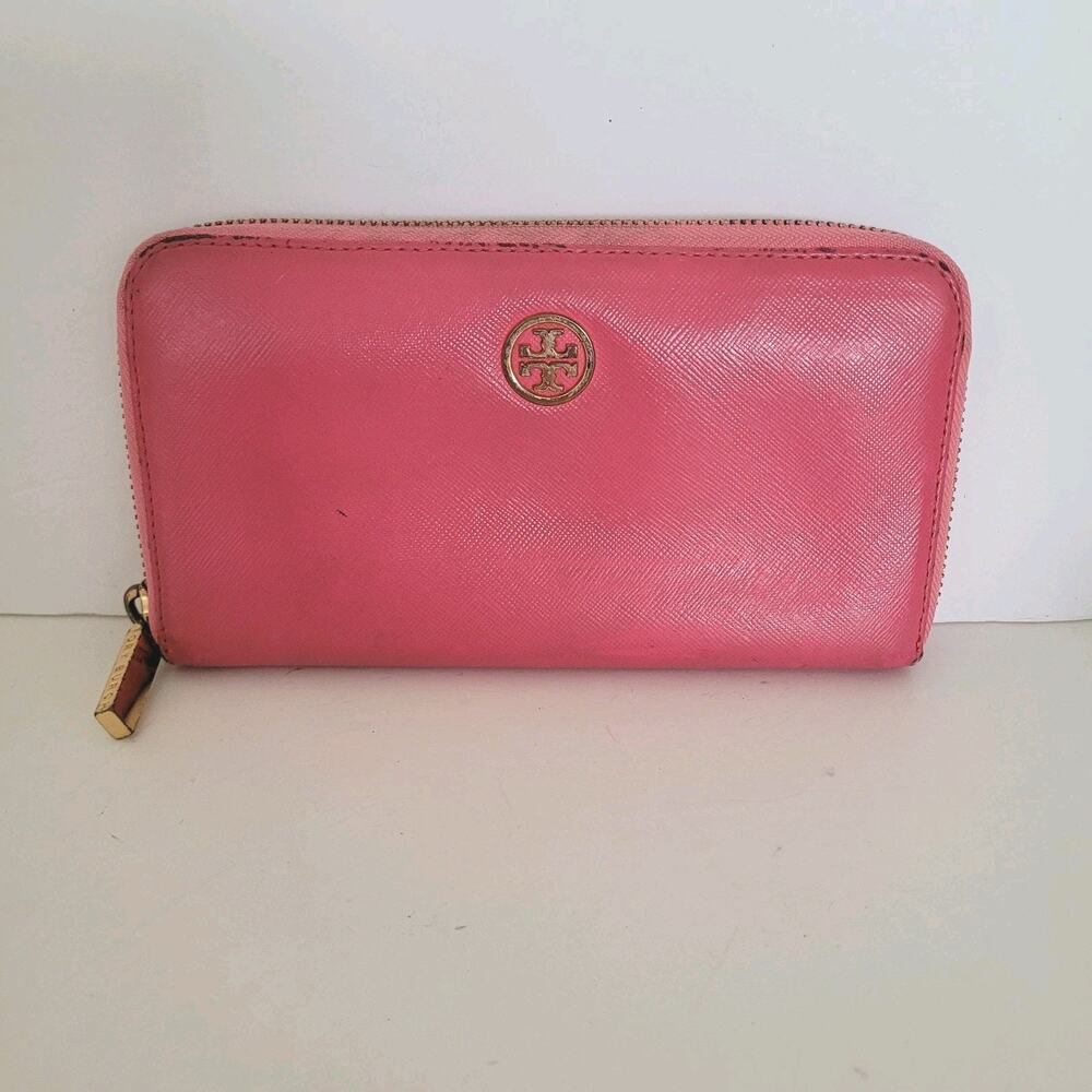 Tory Burch Solid Pink Saffiano Leather Zip Around Large Wallet Long Clutch Logo‎